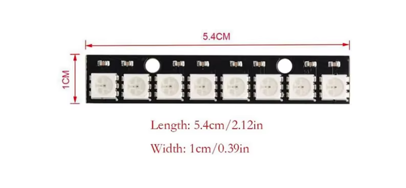 A black strip of small square electronic components with red dimension lines and text showing measurements: 5.4 cm length and 1 cm width, on a white background.