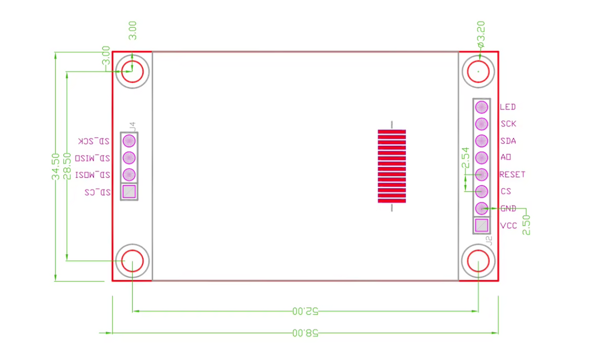 Technical schematic diagram of a square electronic circuit board layout, showing dimensions, component placements, and pin labels for an LED, SCK, SDA, R, RESET, CS, GND, and VCC.