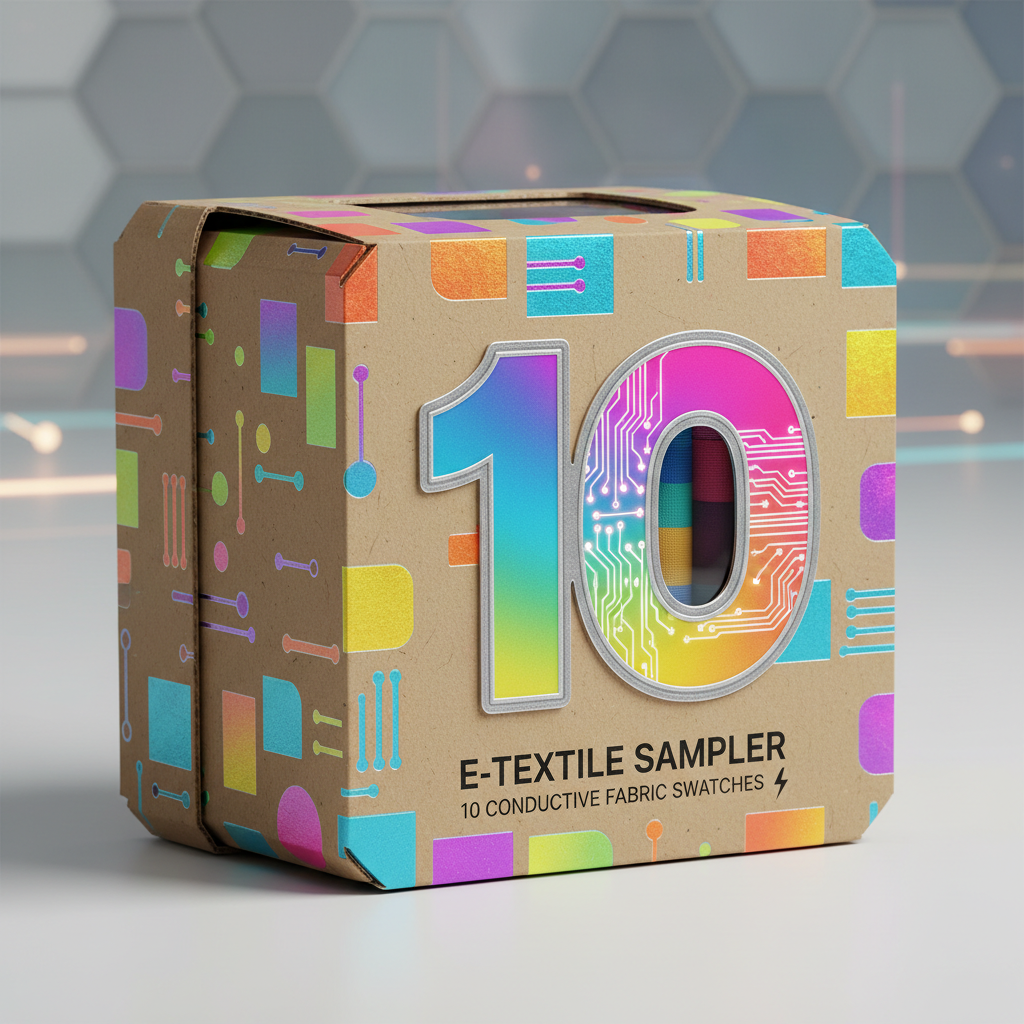 E-textile sampler box with colorful design and number 10 on a gray background