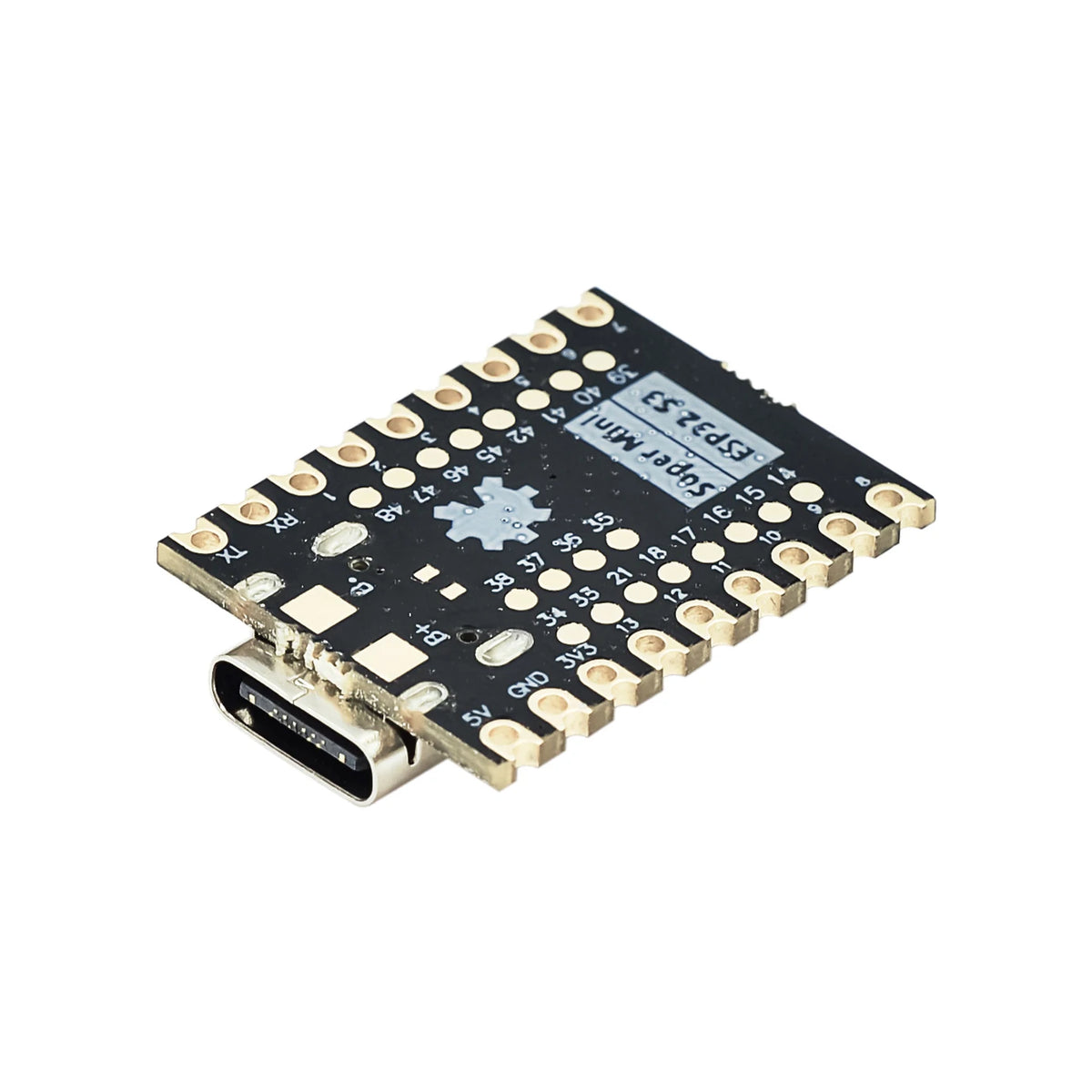 Black ESP32-S3 SuperMini board, angled