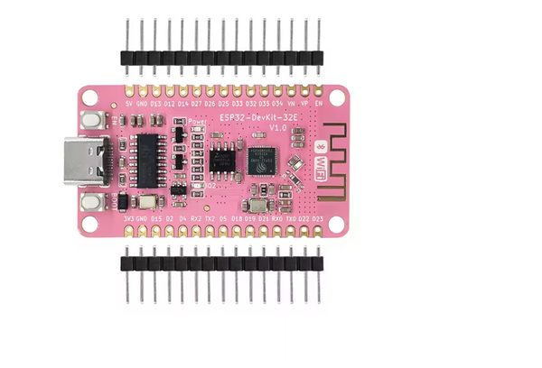 Pink ESP32-WROOM-32E development board with gold detailing