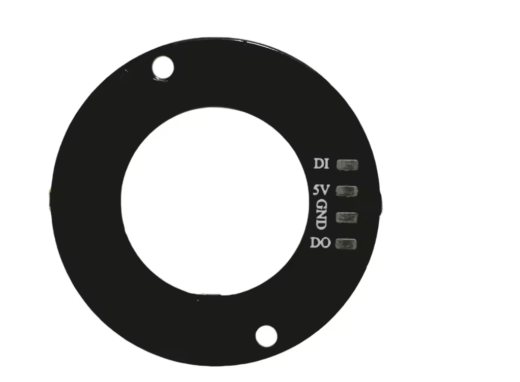 A black circular electronic module with a central hole, two mounting holes, and four terminal labels reading DI, SV, GND, and DO, shown on a white background.