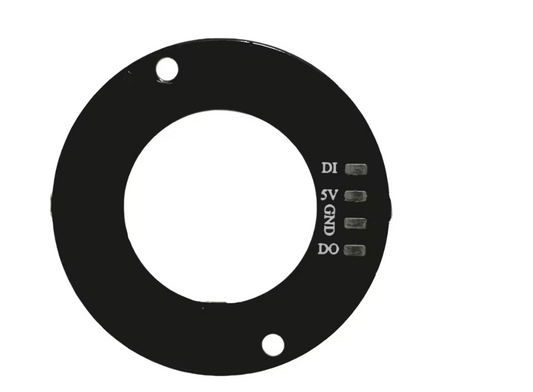 A black circular electronic module with a central hole, two mounting holes, and four terminal labels reading DI, SV, GND, and DO, shown on a white background.