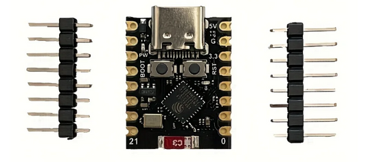 ESP32 C3 supermini, Electronic component board with pins on a white background