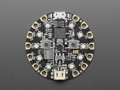 Circular electronic circuit board with various components on a gray background