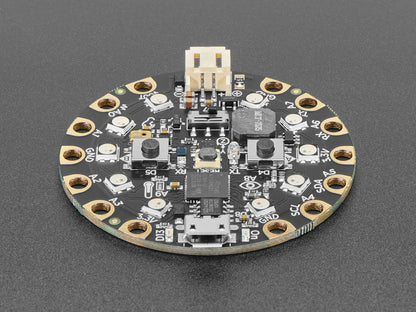 Round electronic circuit board with various components on a gray background