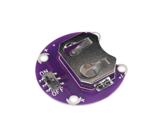 Purple electronic component with metal parts on a white background