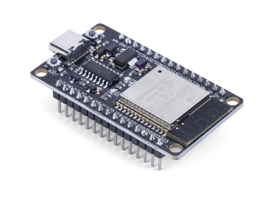 A ESP32-USBc board with its integrated USB-C port and GPIO header pins, shown on a clean white background.