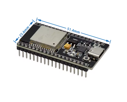 A black PCB module with a large silver metal shield on top, many pin leads along the bottom edge, a USB-C port, and blue dimension arrows labeling 51.4mm length and 25.