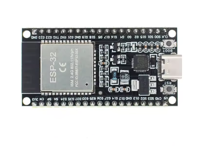 Electronic component board with ESP-32 chip on a white background