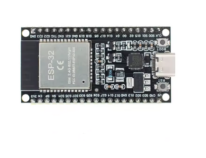 Electronic component board with ESP-32 chip on a white background