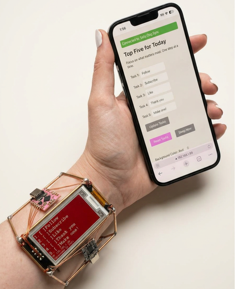 A person's hand holding a smartphone that displays a digital planner app, while wearing a geometric rose gold smart bracelet with a red screen on the wrist, set against a plain off-white background.