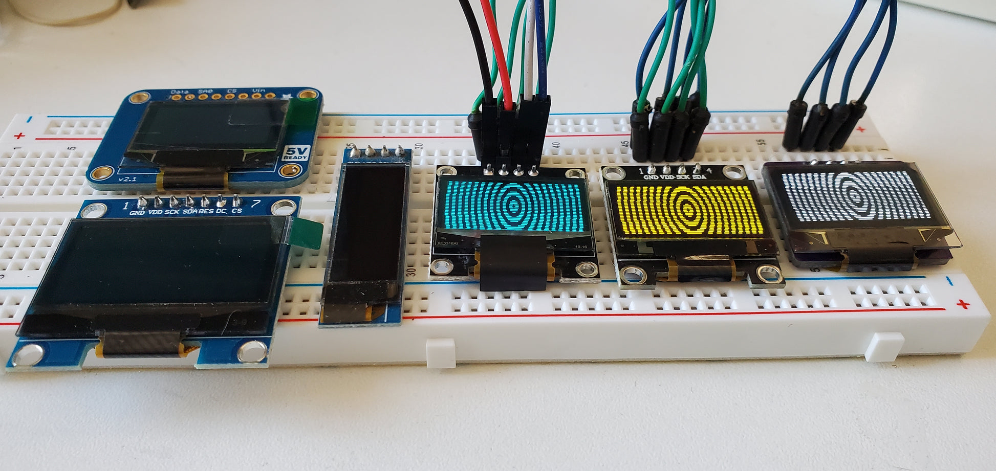 Electronic components on a breadboard with wires connected