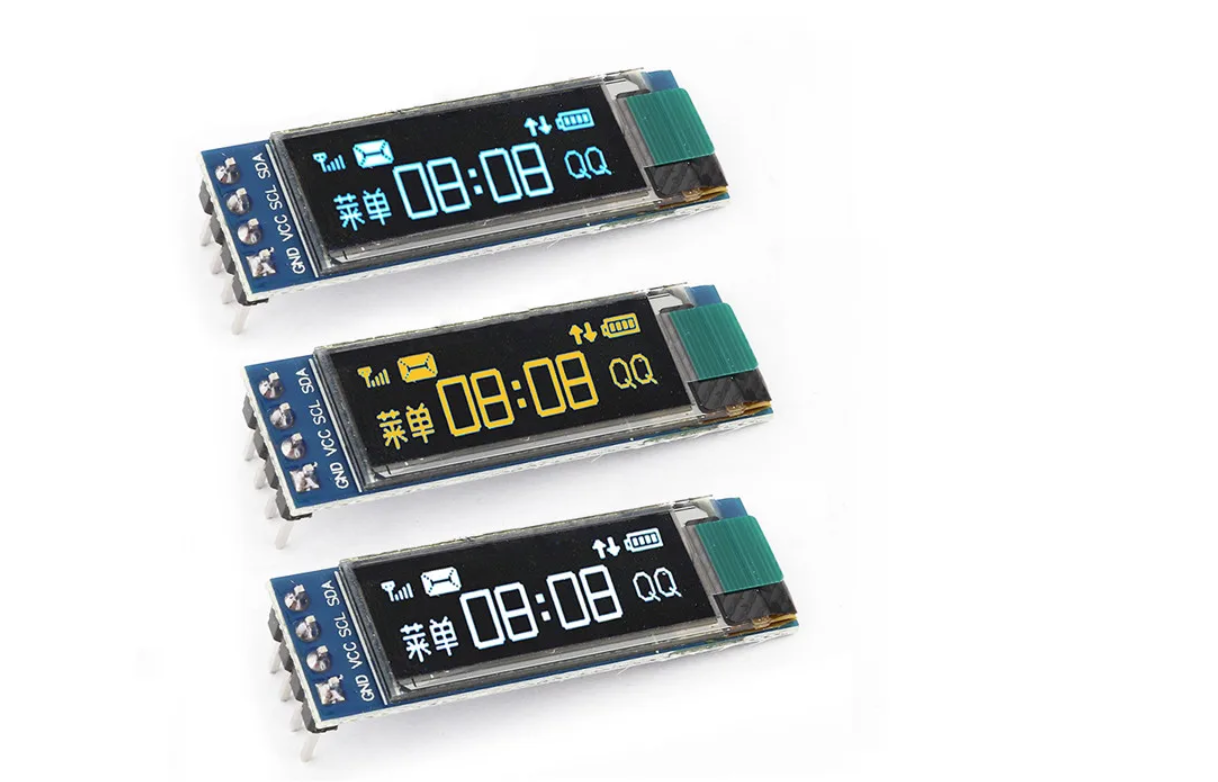 Three OLED Rectangular electronic display modules on a white background