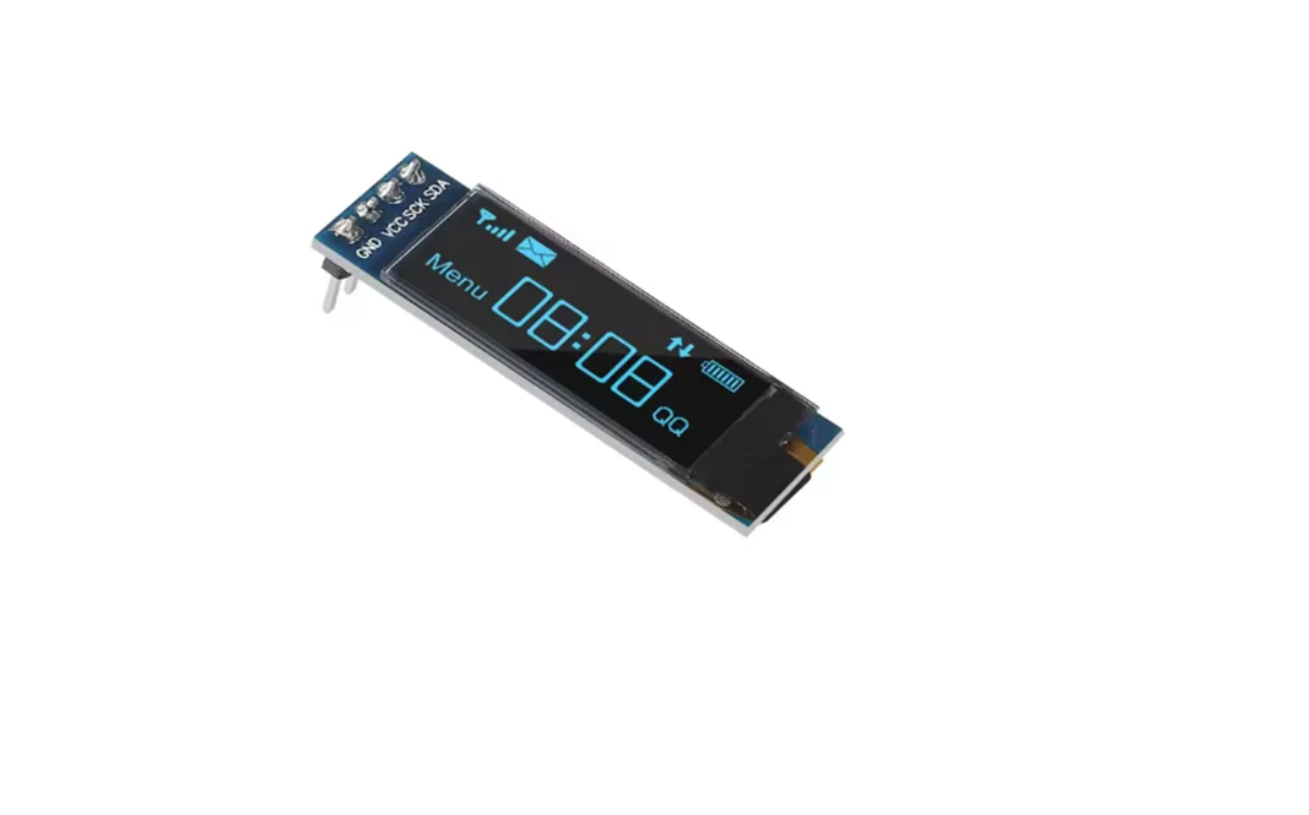 Small electronic module with digital display on a white background
