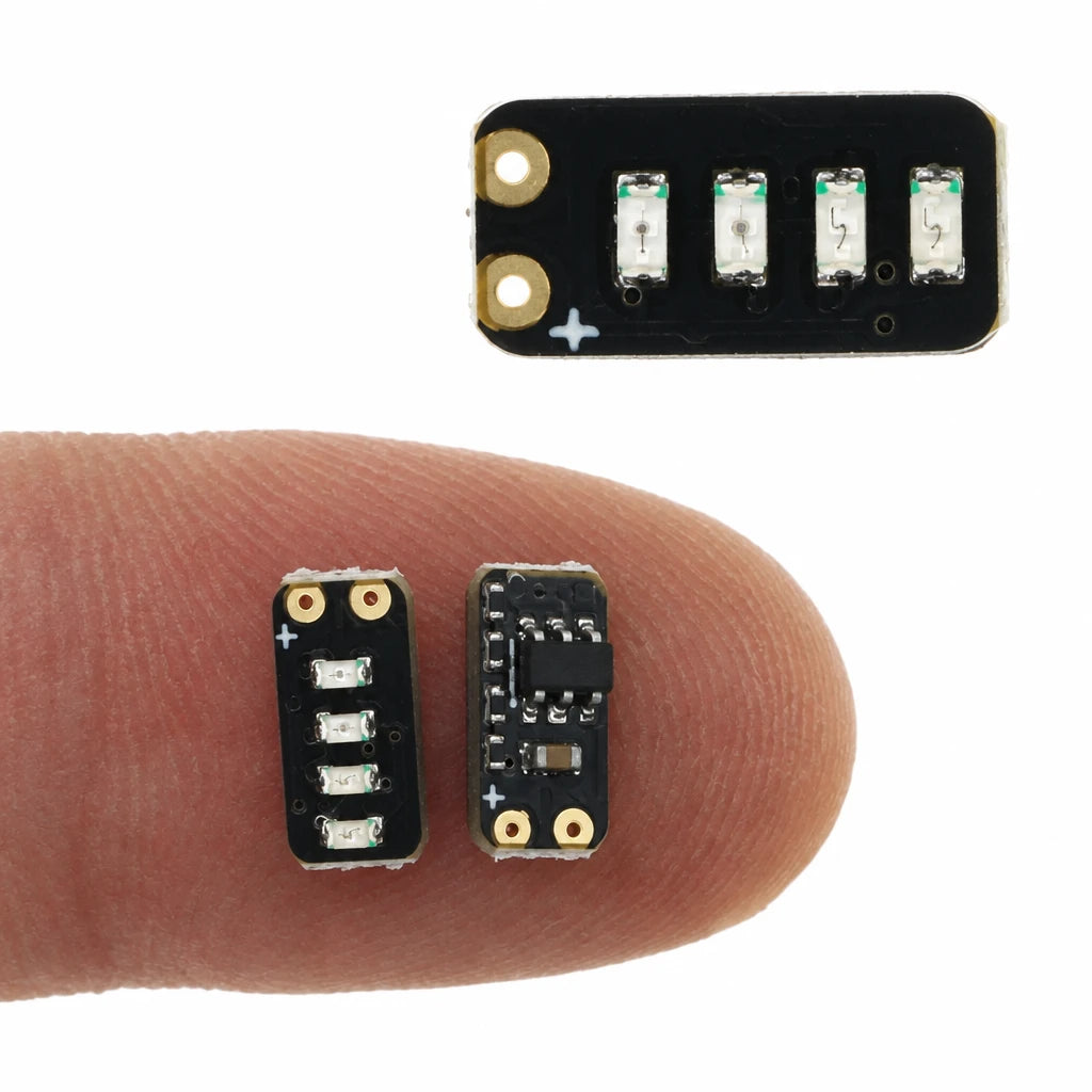 Tiny battery level indicator on a fingertip showing 9.5 x 5 mm size