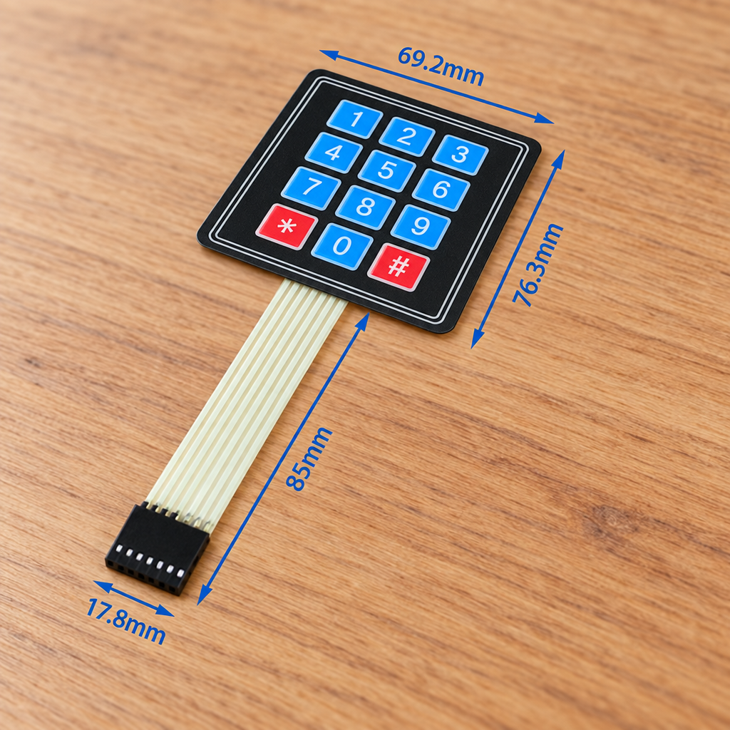 A small black numeric keypad module with blue and red buttons attached to a flexible white ribbon cable, shown on a white background with blue dimension labels and measurement lines.