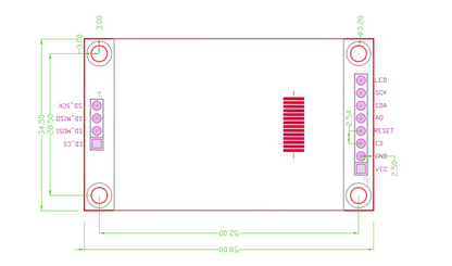 Technical schematic diagram of a square electronic circuit board layout, showing dimensions, component placements, and pin labels for an LED, SCK, SDA, R, RESET, CS, GND, and VCC.