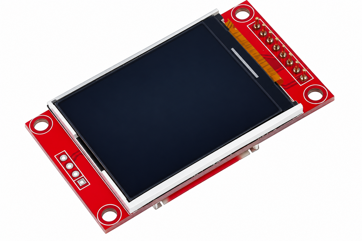 A small rectangular LCD display module with a red printed circuit board, silver bezel, and black screen, shown on a plain white background. A faint EstarDyn watermark is visible across the screen.