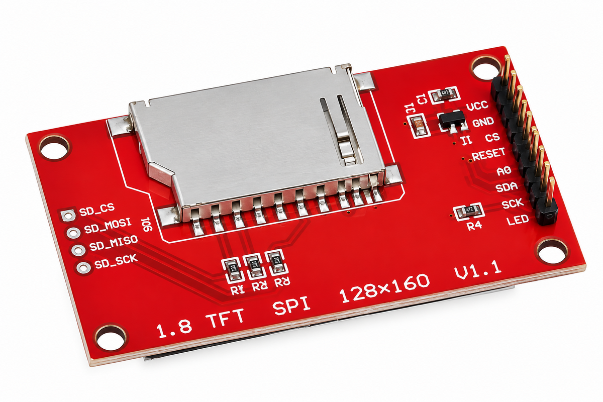 A red SPI TFT LCD display module with an SD card slot, featuring white printed circuitry, mounting holes, and a black pin header on a white background.