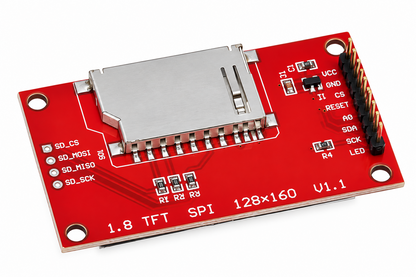A red SPI TFT LCD display module with an SD card slot, featuring white printed circuitry, mounting holes, and a black pin header on a white background.