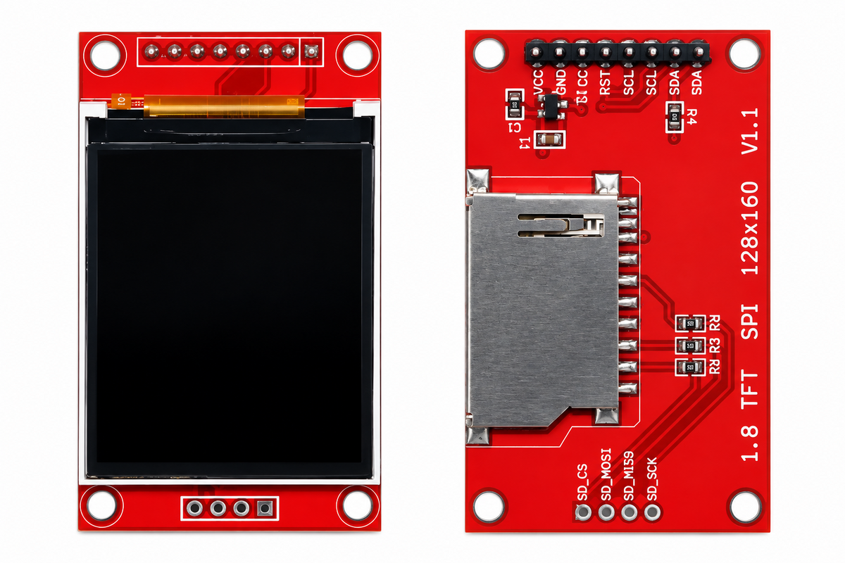 A red electronic circuit board module shown from two angles: the front with a black TFT LCD screen, and the back with a microSD card slot, pins, and white technical text including '1.8 TFT SPI 128x60 U1.