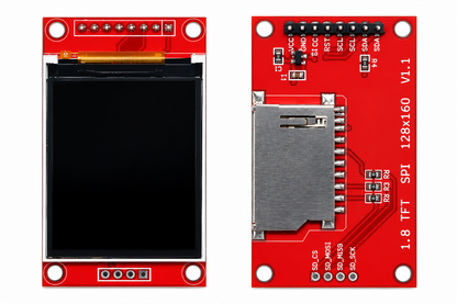 A red electronic circuit board module shown from two angles: the front with a black TFT LCD screen, and the back with a microSD card slot, pins, and white technical text including '1.8 TFT SPI 128x60 U1.