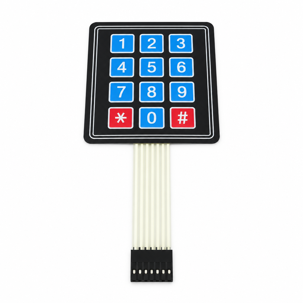 A small black numeric keypad module with blue and red buttons attached to a flexible white ribbon cable, shown on a white background with blue dimension labels and measurement lines.