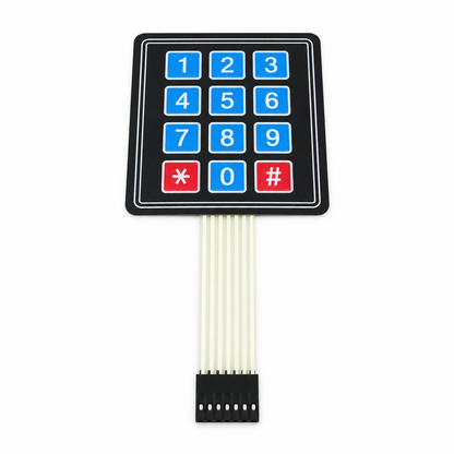 A small black numeric keypad module with blue and red buttons attached to a flexible white ribbon cable, shown on a white background with blue dimension labels and measurement lines.