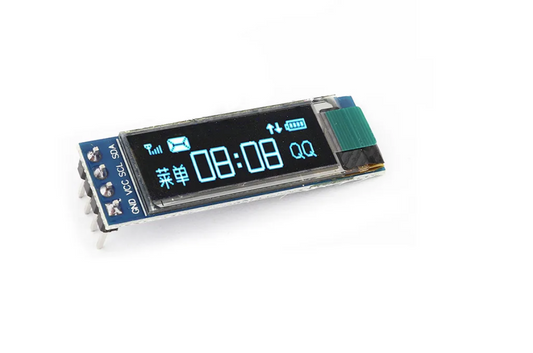 Digital display module with blue text on a white background