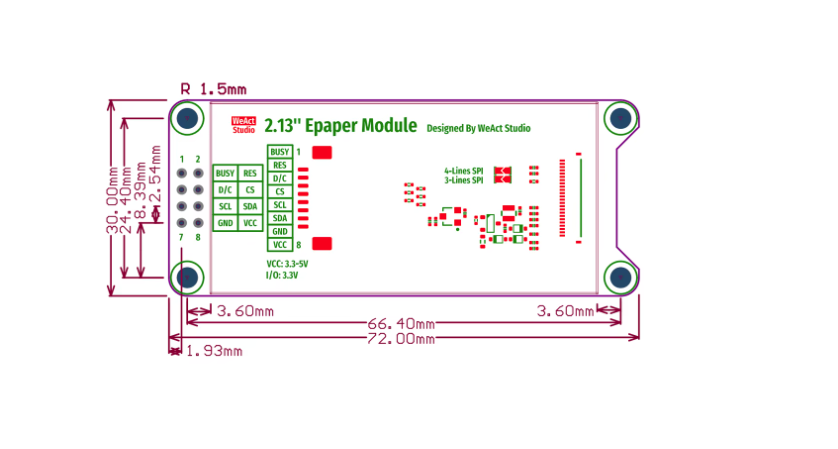 2.13-inch ePaper module with dimensions and specifications on a white background