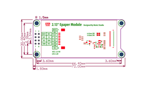 2.13-inch ePaper module with dimensions and specifications on a white background
