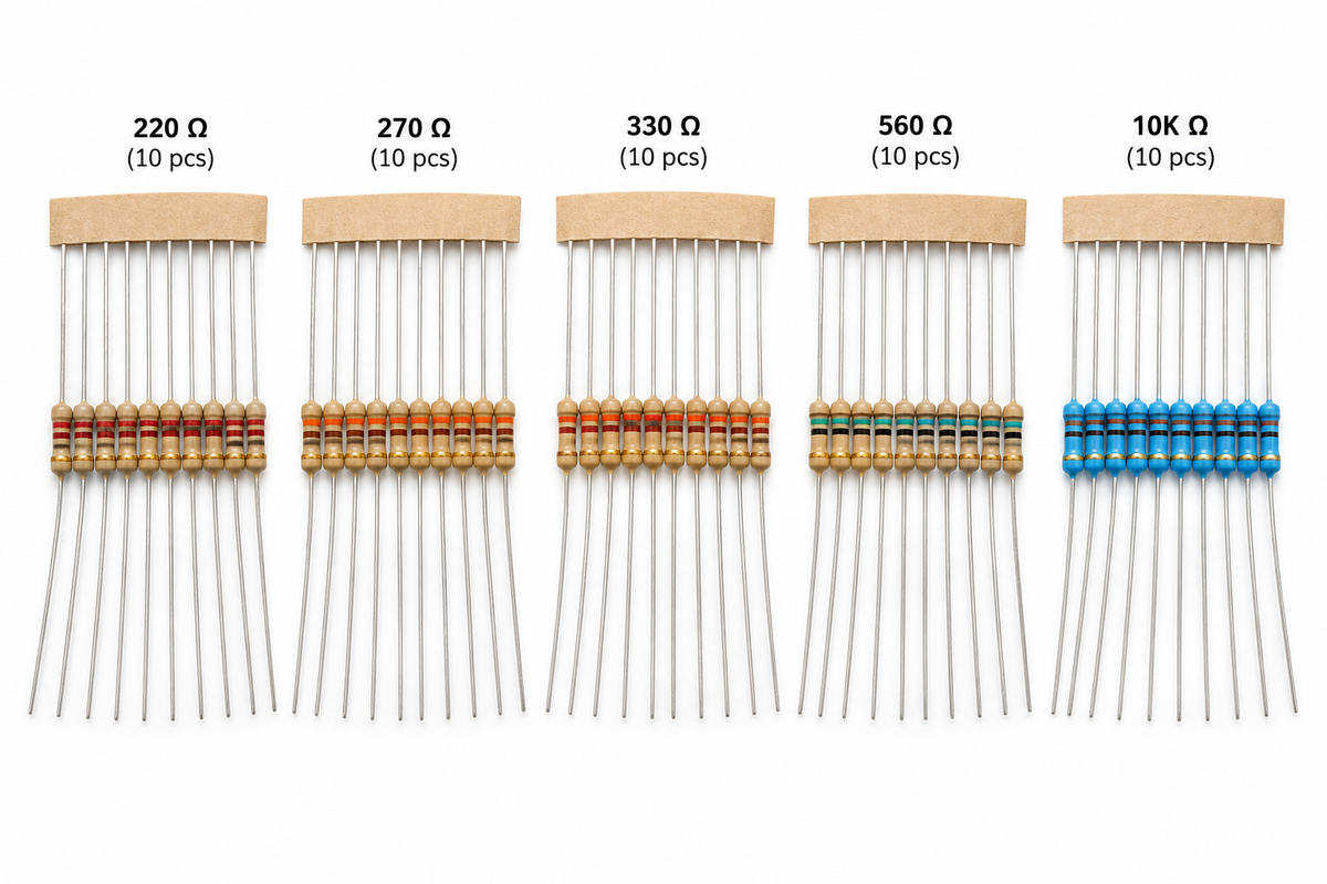 Mini Resistor Kit, 5 Values x 10 (50 Pieces)