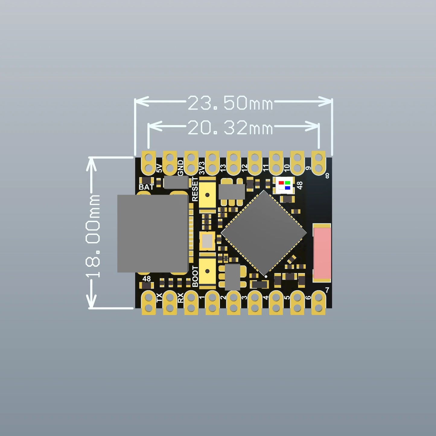 Electronic component with dimensions labeled on a gray background