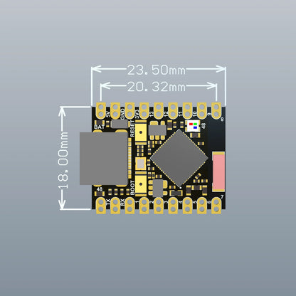 Electronic component with dimensions labeled on a gray background
