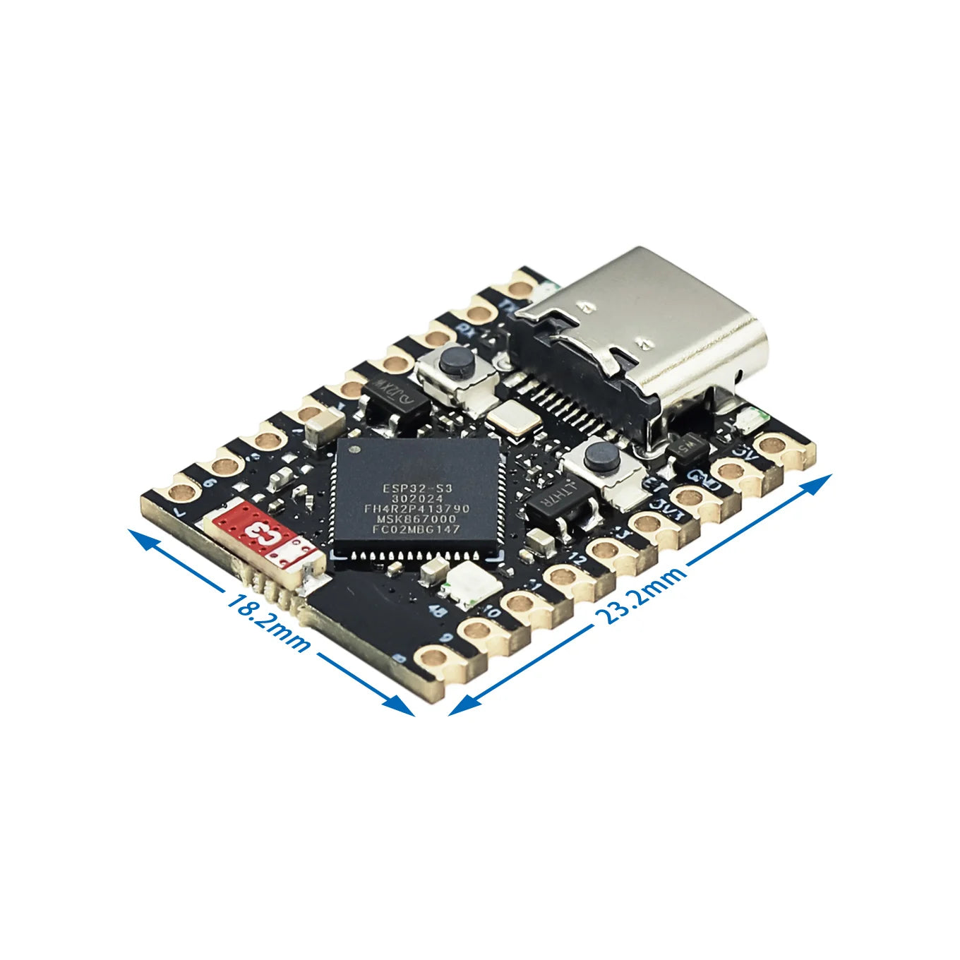 Electronic component board with dimensions labeled on a white background