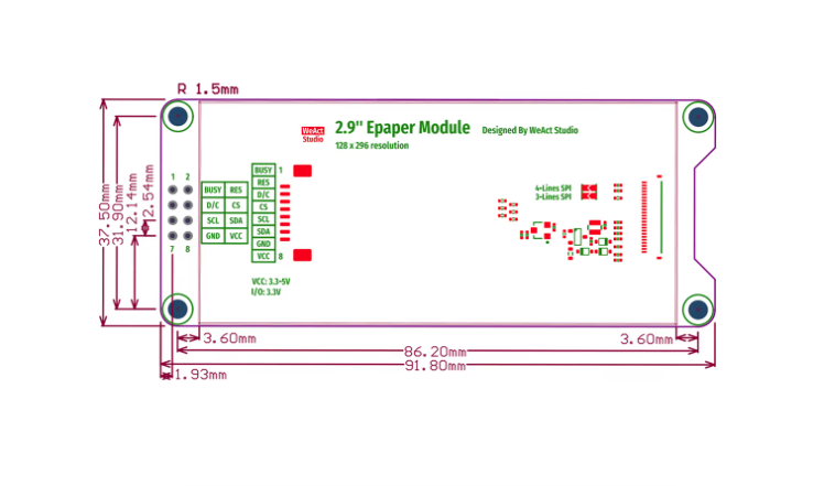 Technical diagram of a 2.9-inch e-paper module with dimensions and specifications.