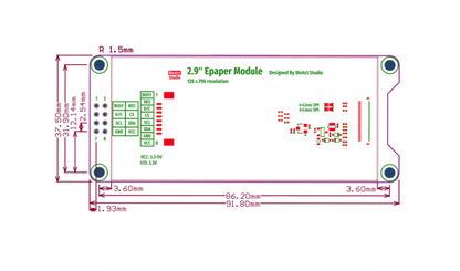 Technical diagram of a 2.9-inch e-paper module with dimensions and specifications.